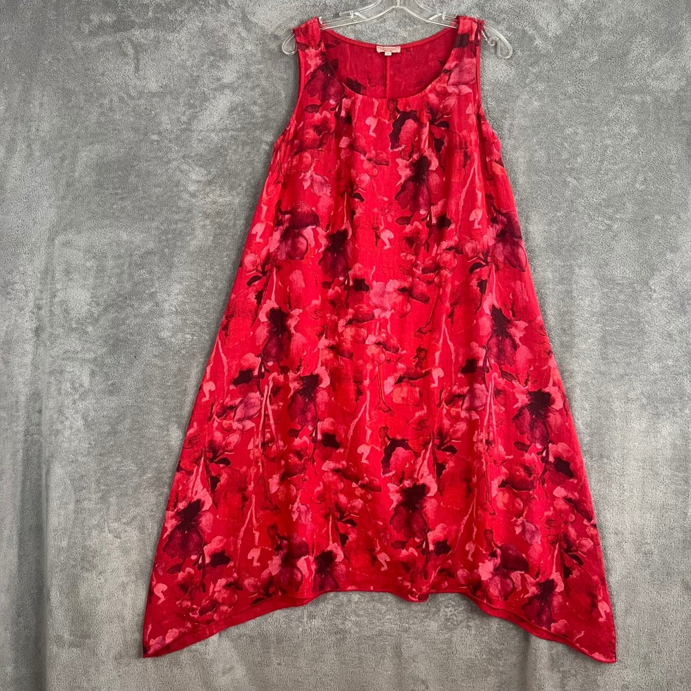 Marisa Marie Midi Dress Womens M Red Floral Asymetrical 100% Linen Made in Italy